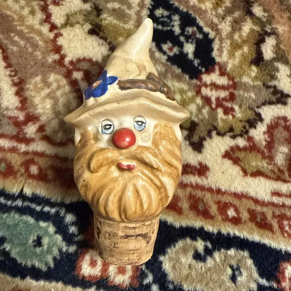 Vintage Ceramic Gnome Bottle Stopper Hand Painted Elf Character Head Cork
